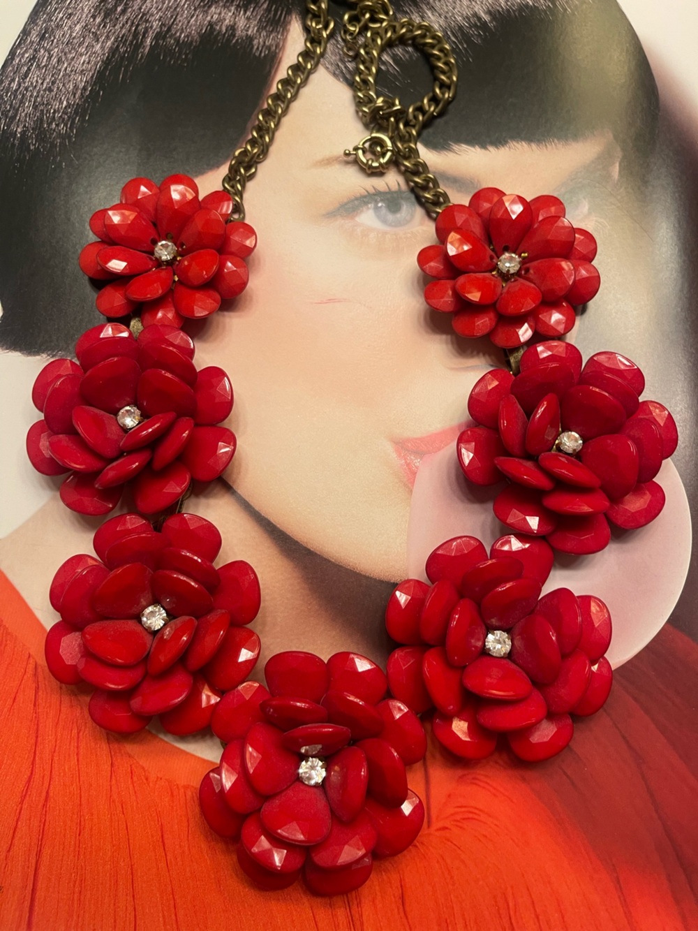 J. Crew Red Floral Cluster Statement Necklace with Rhinestone Accents